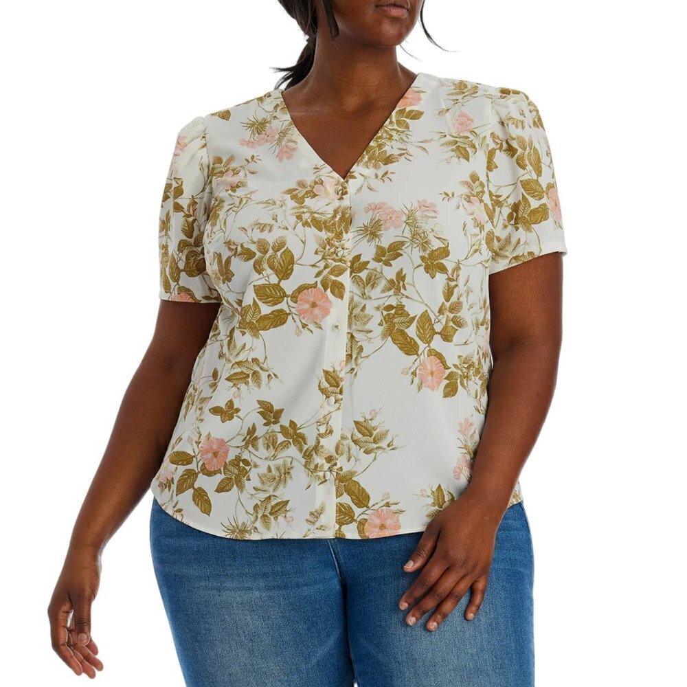 NWT 1.STATE Women's Plus Floral Print V-Neck Puff Sleeve Button Up Blouse Top